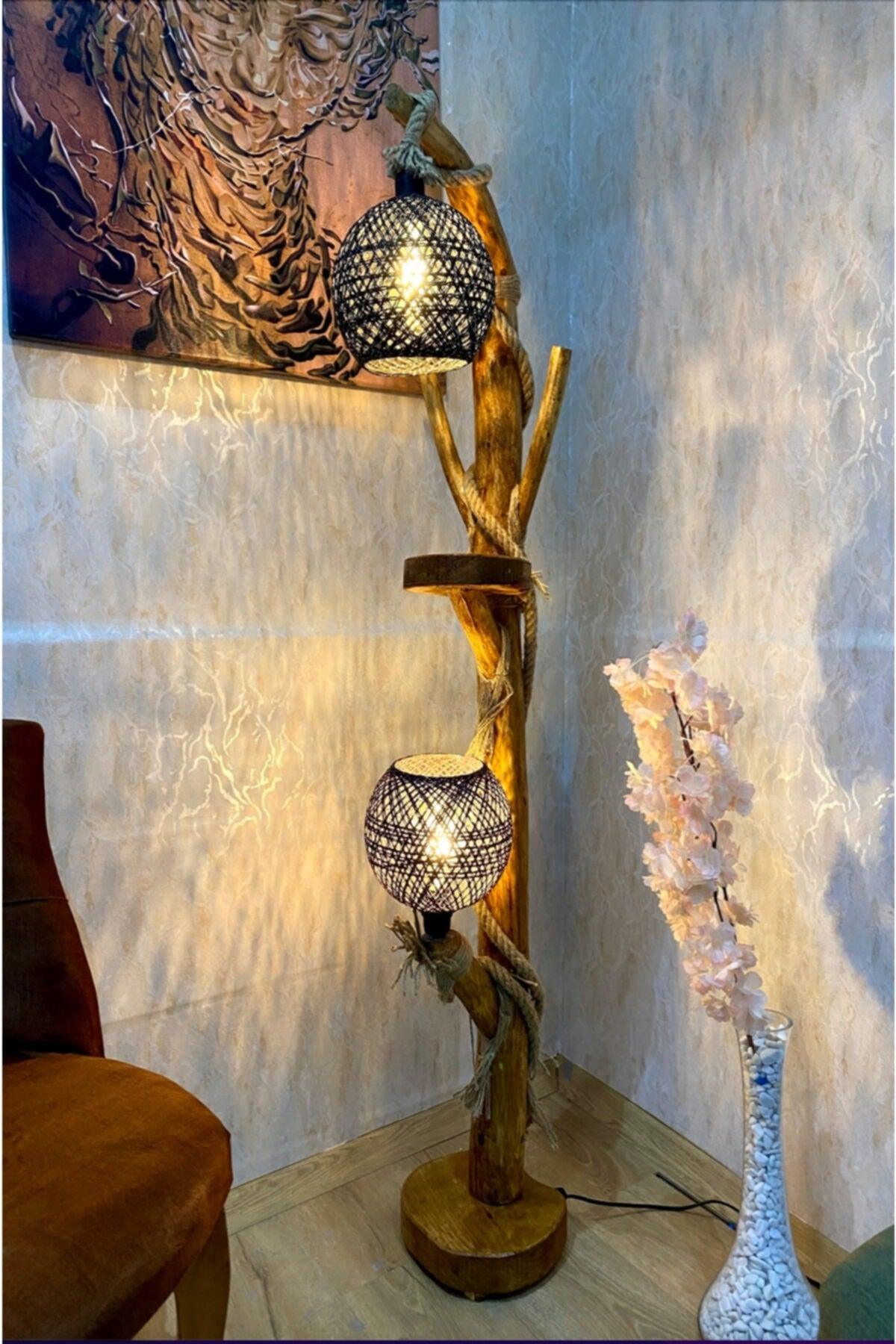 Tree Floor Lamp 145-150 cm New Yalikavak Series Black Gilded Lighting Natural Tree Wooden Floor Lamp - Swordslife