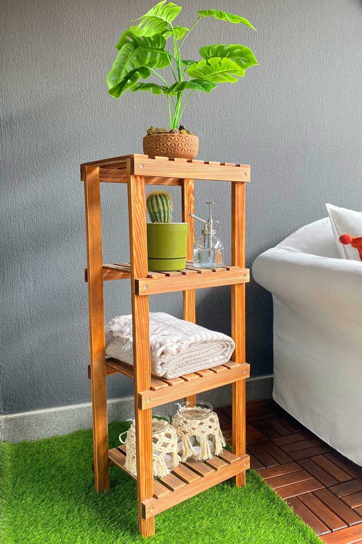 Wooden 4 Tier Bathroom Shelf Towel Holder Bathroom