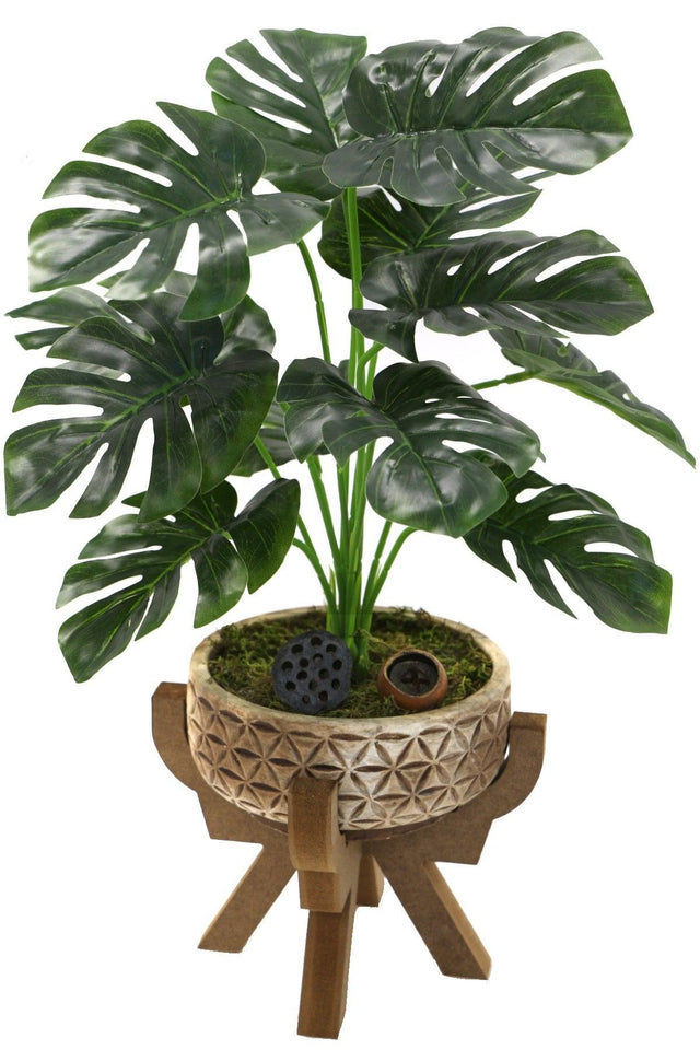 Artificial Monstera Plant in Concrete Pot with Wooden Leg 44 Cm (Brown Pot) - Swordslife