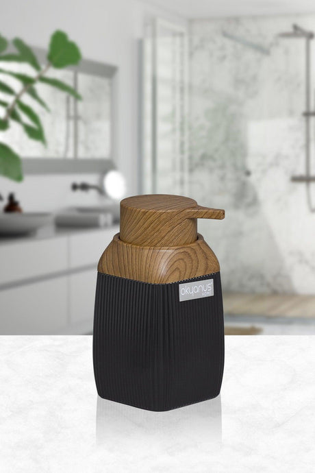 Wooden Patterned Black Lined Square Liquid Soap Dispenser