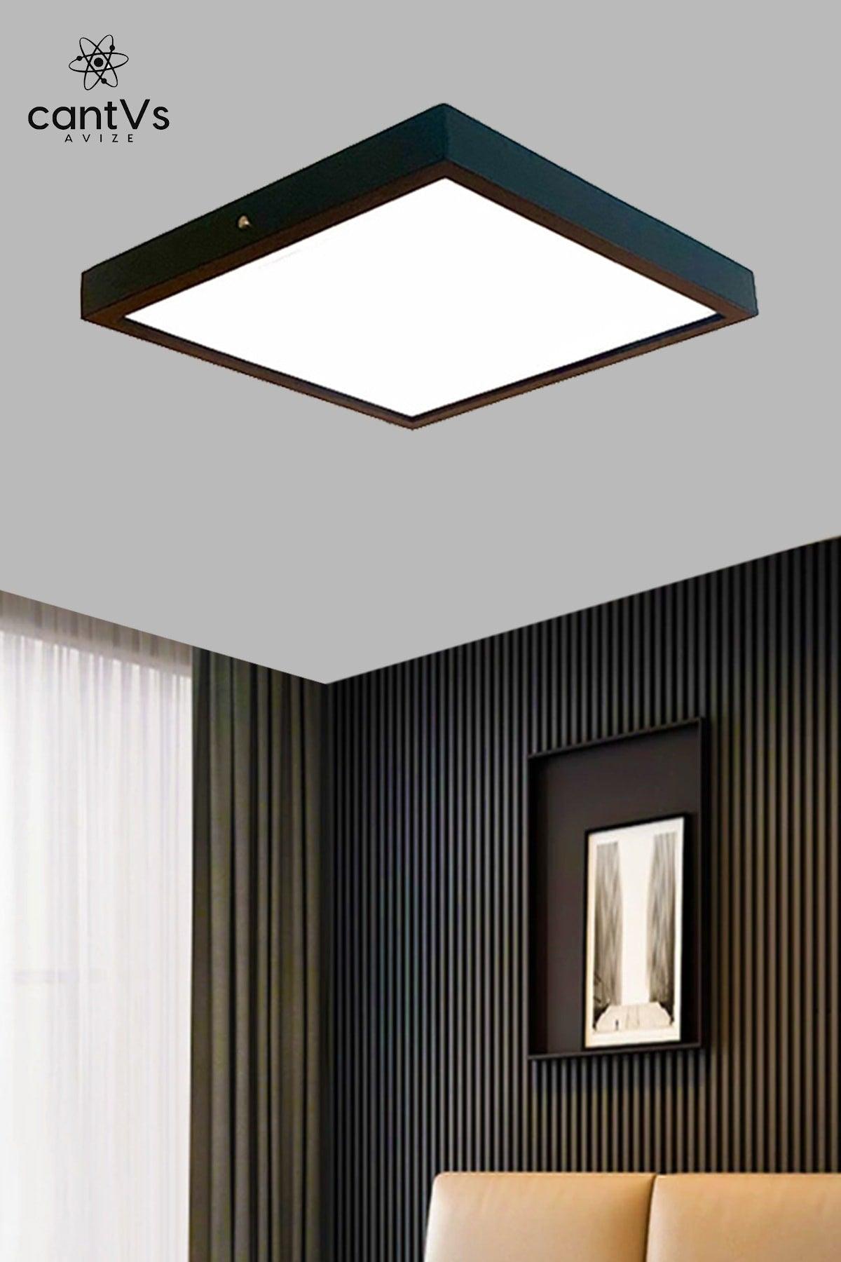 Ahşap Schwarz Rahmen Deckenleuchte Led 60x60cm Panel Beleuchtung Kronleuchter Wohnzimmer Küche 6500k Weiß - Swordslife