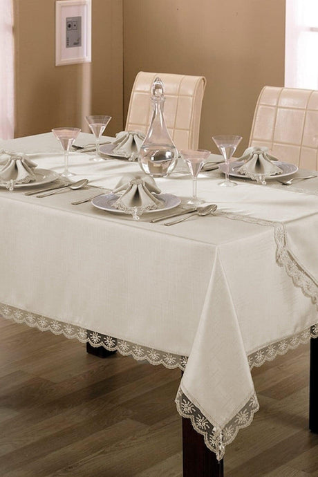 Alfima 8 Person Table Cloth Set Satin Guipure Fabric Cream We Are Dining Set - Swordslife