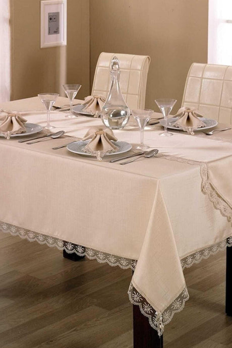 Alfima 8 Person Table Cloth Set Satin Guipure Fabric We Are Dining Set - Swordslife