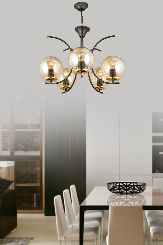 Bade Black 5 Piece Honey Globe Glass Upward Facing Modern Luxury Chandelier - Swordslife