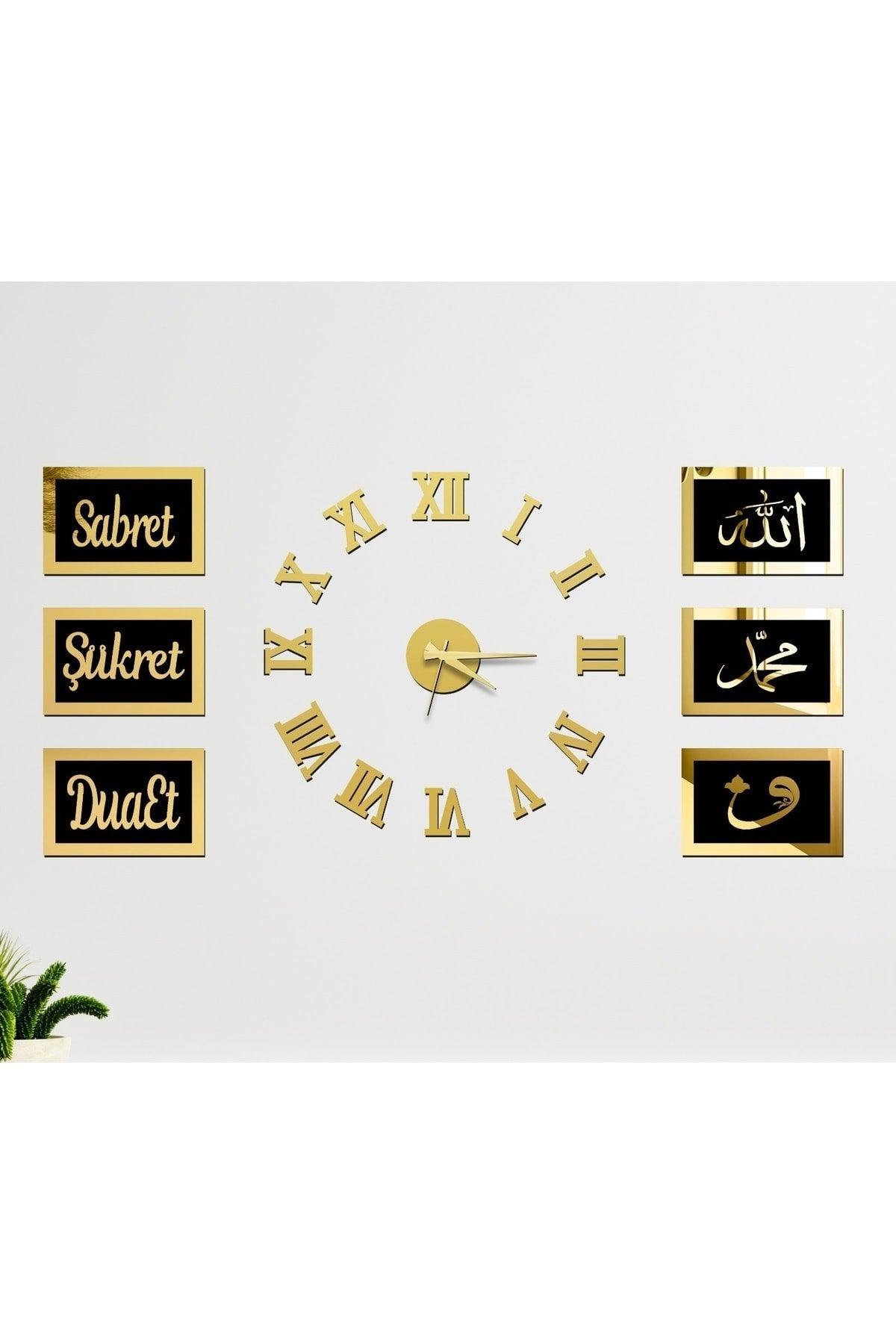 Gold Mirrored Plexi Clock And Black Background Gold Frame 6 Pieces Patience, Gratitude, Pray Set Wall Board - Swordslife