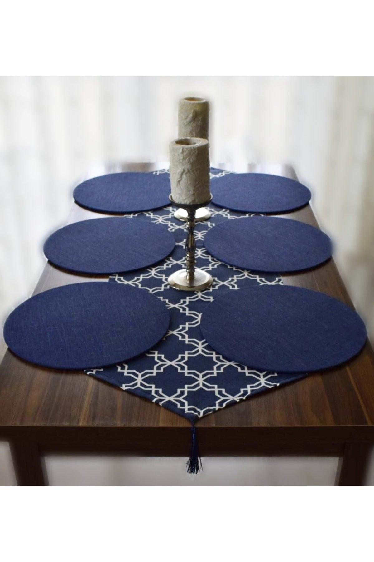 Placemat, Navy Blue Classic Pattern Runner And 6 Pieces Supla - Swordslife