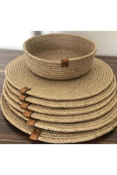 Placemat, Wicker Cover Set, 6 Pieces Plate Base Basket Machine Stitched Jute 1st Quality - Swordslife