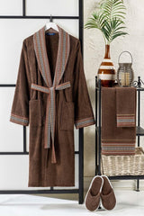 Ansaaj Jacquard 4 Piece Bathrobe Set Brown - Swordslife