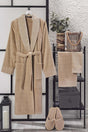 Ansaaj Velvet Jacquard 4 Piece Bathrobe Set Beige - Swordslife