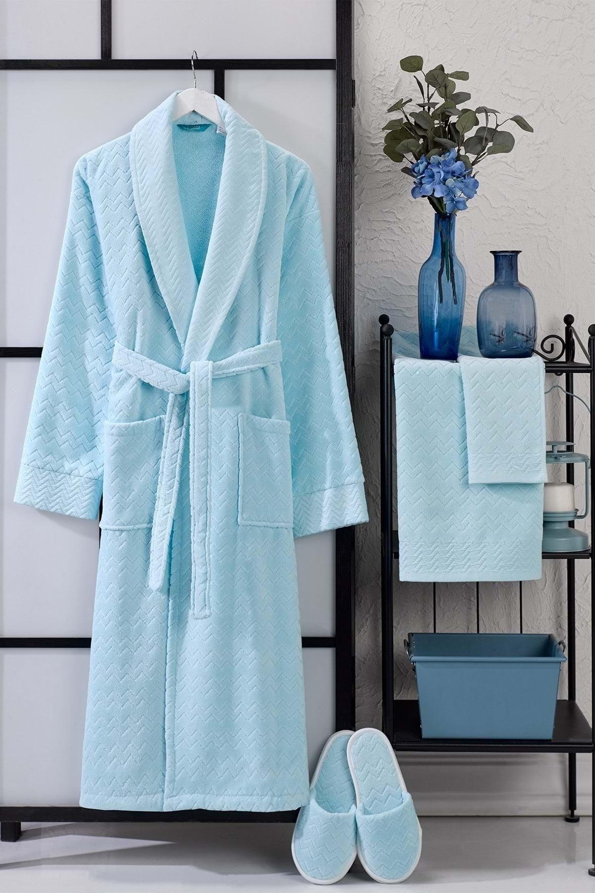 Ansaaj Velvet Jacquard 4 Piece Bathrobe Set Light Blue - Swordslife