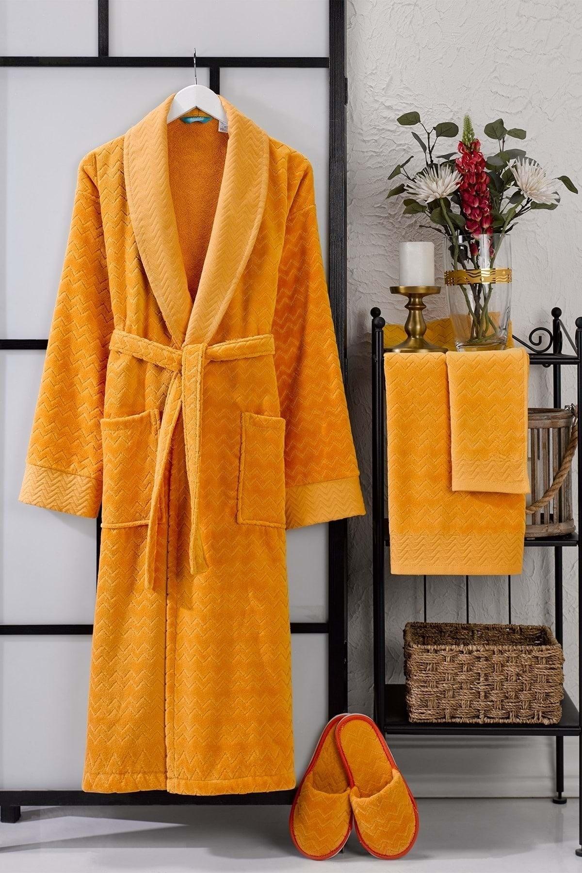 Ansaaj Velvet Jacquard 4 Piece Bathrobe Set Mustard - Swordslife