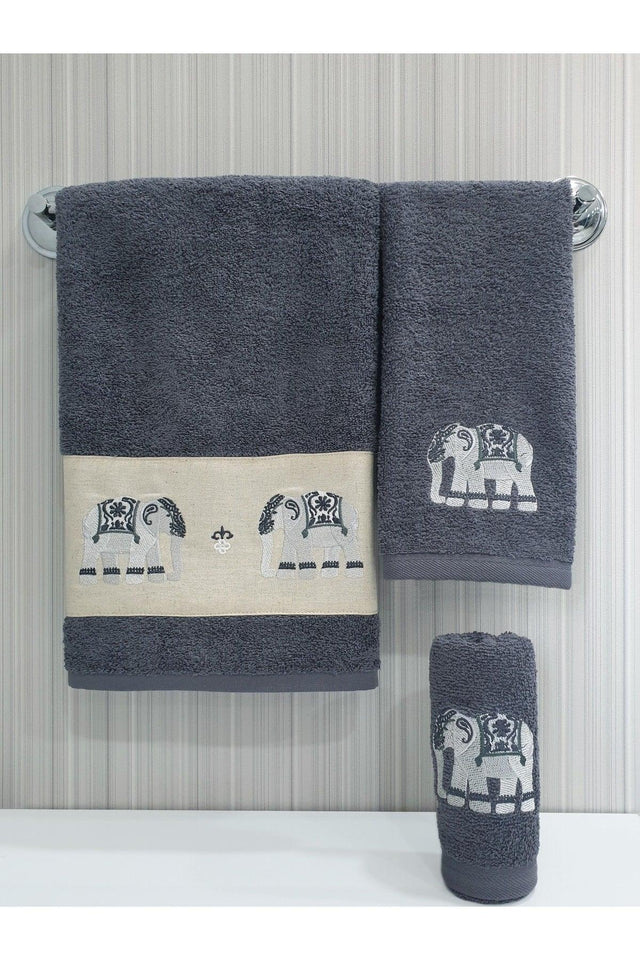 Authentic Elephant Embroidered 3 Piece Towel Set 30x40