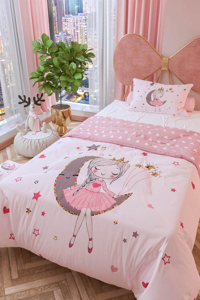 Moon Girl Powder Double Sided Kids Duvet Cover Set Cotton - Swordslife