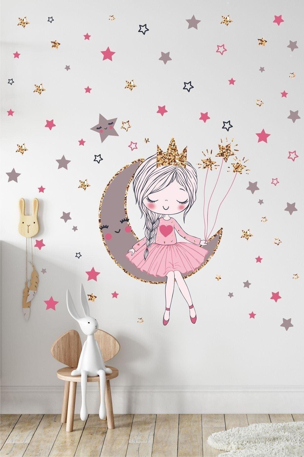 Cute Girl Sitting On The Moon Wall Sticker Set For Kids Room - Swordslife