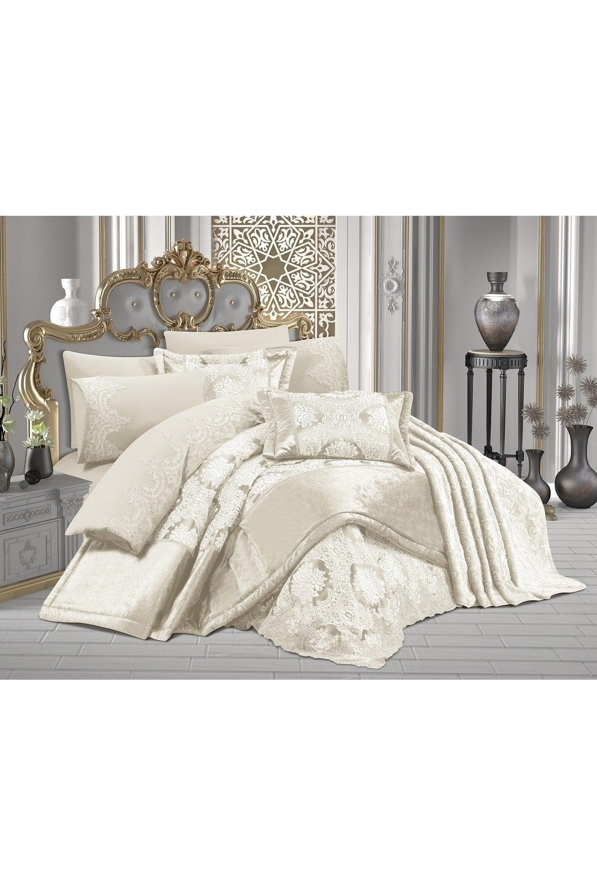 Bade Dowery Package 10 Pieces Fiber Filled Cream (bedspread+duvet cover+blanket) - Swordslife