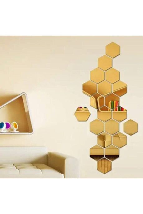 Honeycomb Gold Decorative Hexagonal 12x Ornamental Acrylic Mirror 7,5x8,5cm Entrance Wall Plexiglass with Adhesive Tape - Swordslife