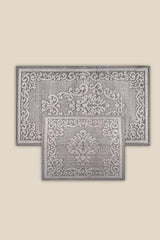 Balat Damask Natural Cotton Bath Mat Set 60x100 - 50x60 Cm Black Floor Ecru - Swordslife