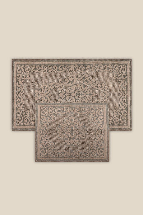 Balat Damask Natural Cotton Bath Mat Set 60x100 - 50x60 Cm Black Floor Beige - Swordslife