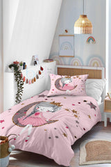 Ballerina Princess Fairy Girl Sitting on the Moon Patterned Single Baby Kids Duvet Cover Set - Swordslife