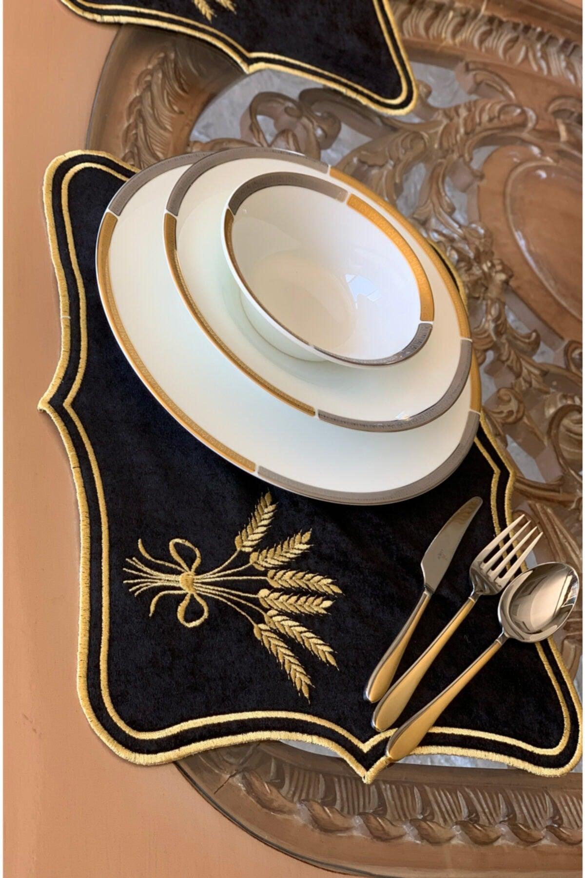 Başak Placemat Supla Set of 6 Velvet Black-gold - Swordslife