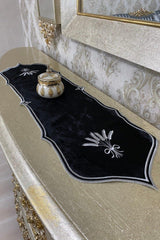 Başak Sırma Velvet Embroidered Runner 32*130 Cm Black-silver - Swordslife