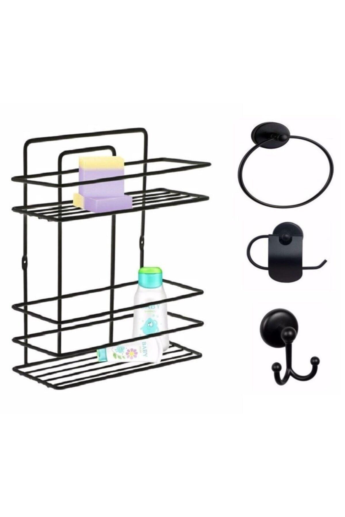 Bathroom Accessory Set 4 Pieces Black , Lifetime Stainless Straight Bathroom Shelf Shampoo Holder Black Tş -02 - Swordslife