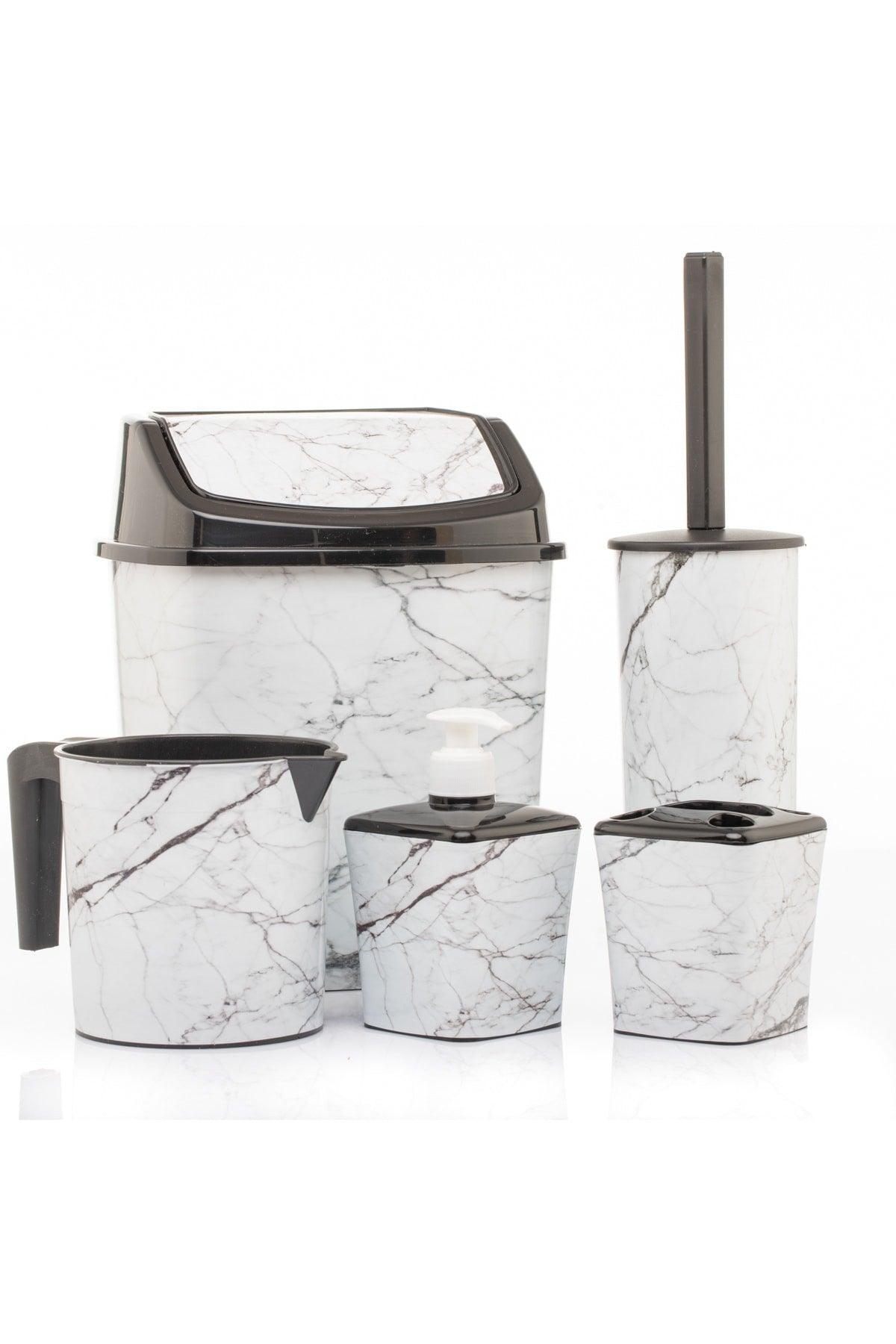 Bathroom Set Trash Can Toilet Brush Cup Soap Dispenser Toothbrush Holder 5 Pcs. 5 Pieces White Marble Pattern - Swordslife