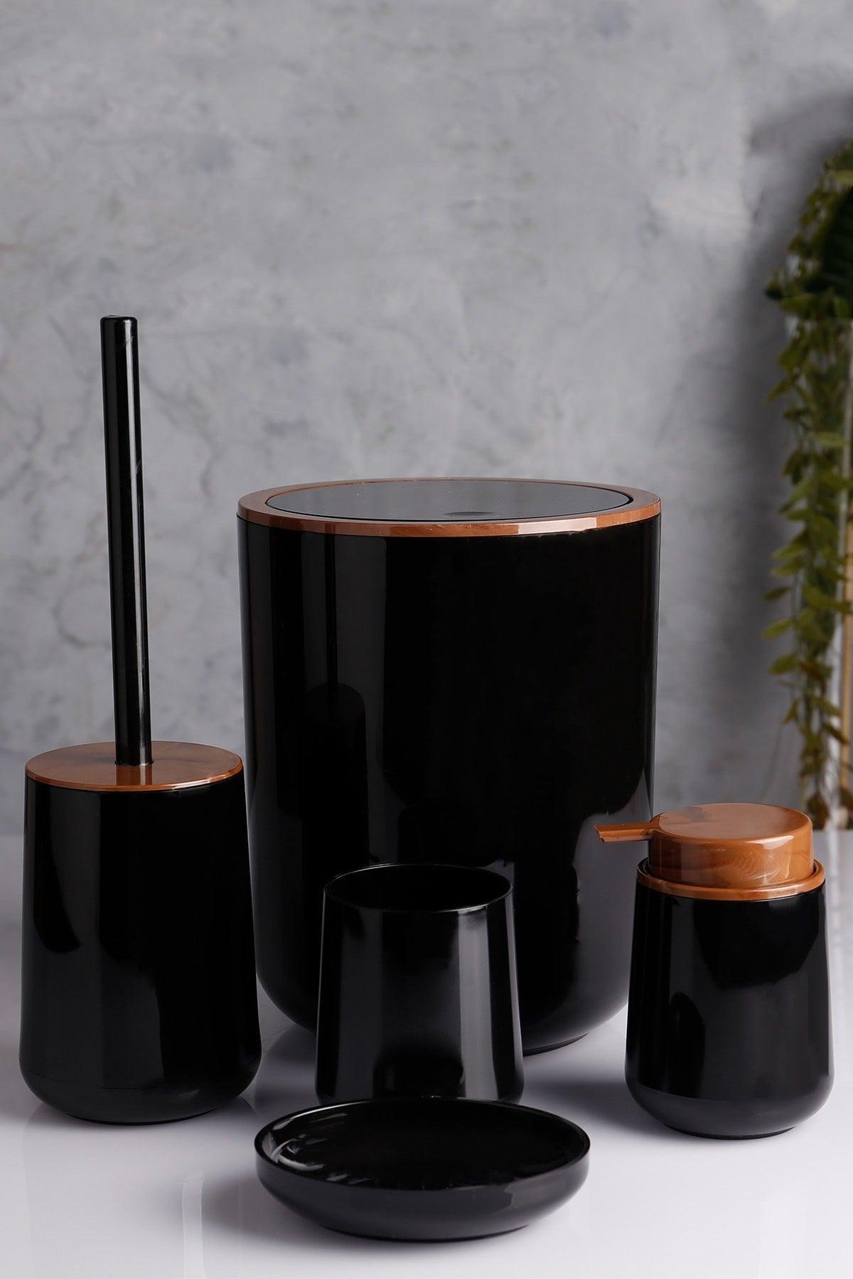 Bathroom Set Wooden Pattern Black 5 Pieces - M2 - Swordslife