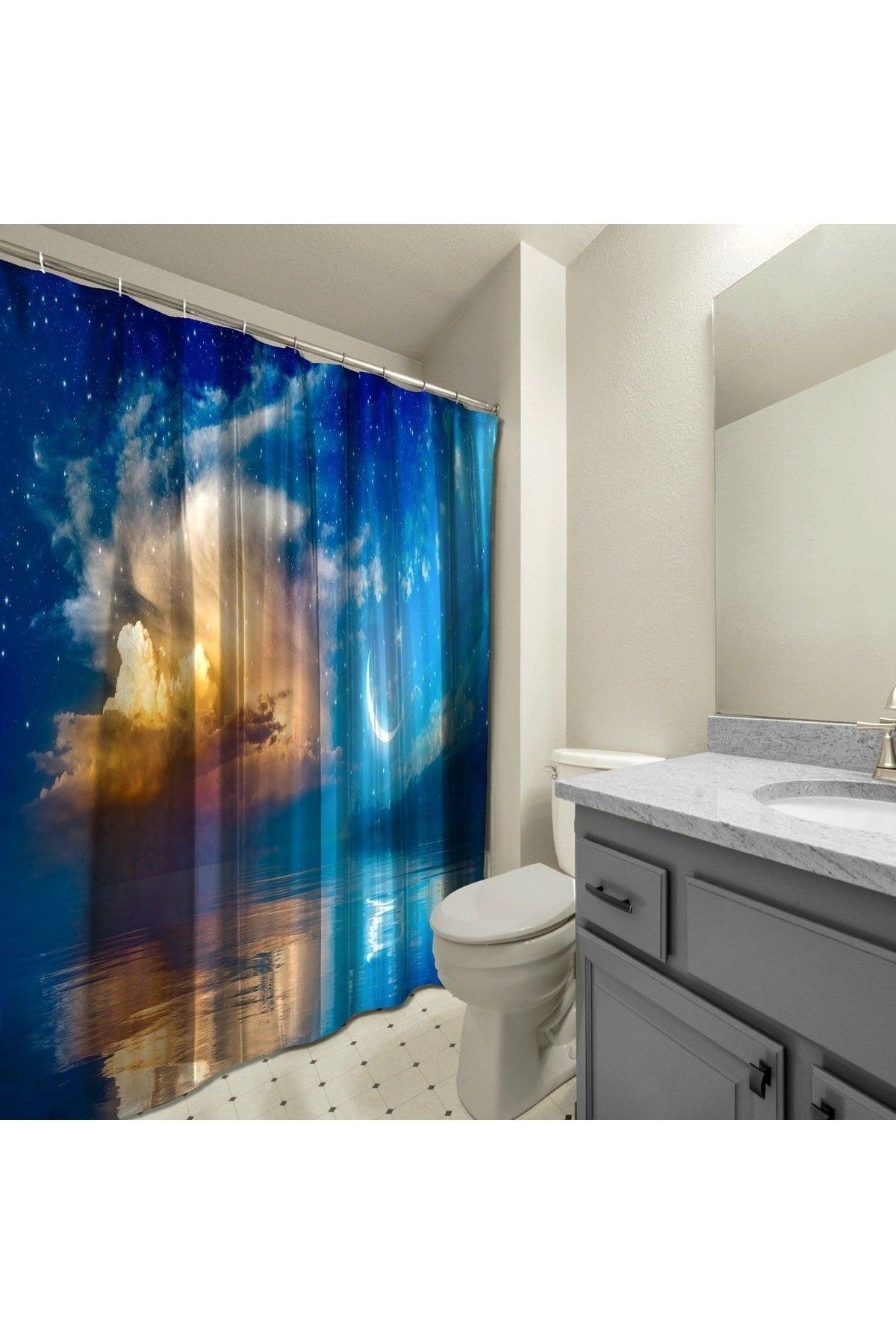 Bathroom Shower Curtain Design Decor Crescent Stars Sea Blue Cloud Digital Printed Width 175 Cm - Swordslife