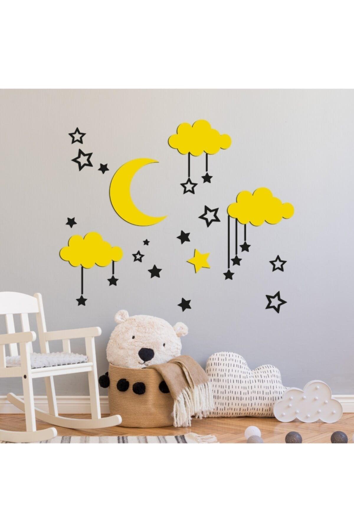 Wooden Sky Composition Wall Decor For Baby Room In Yellow-Black Colors - Swordslife