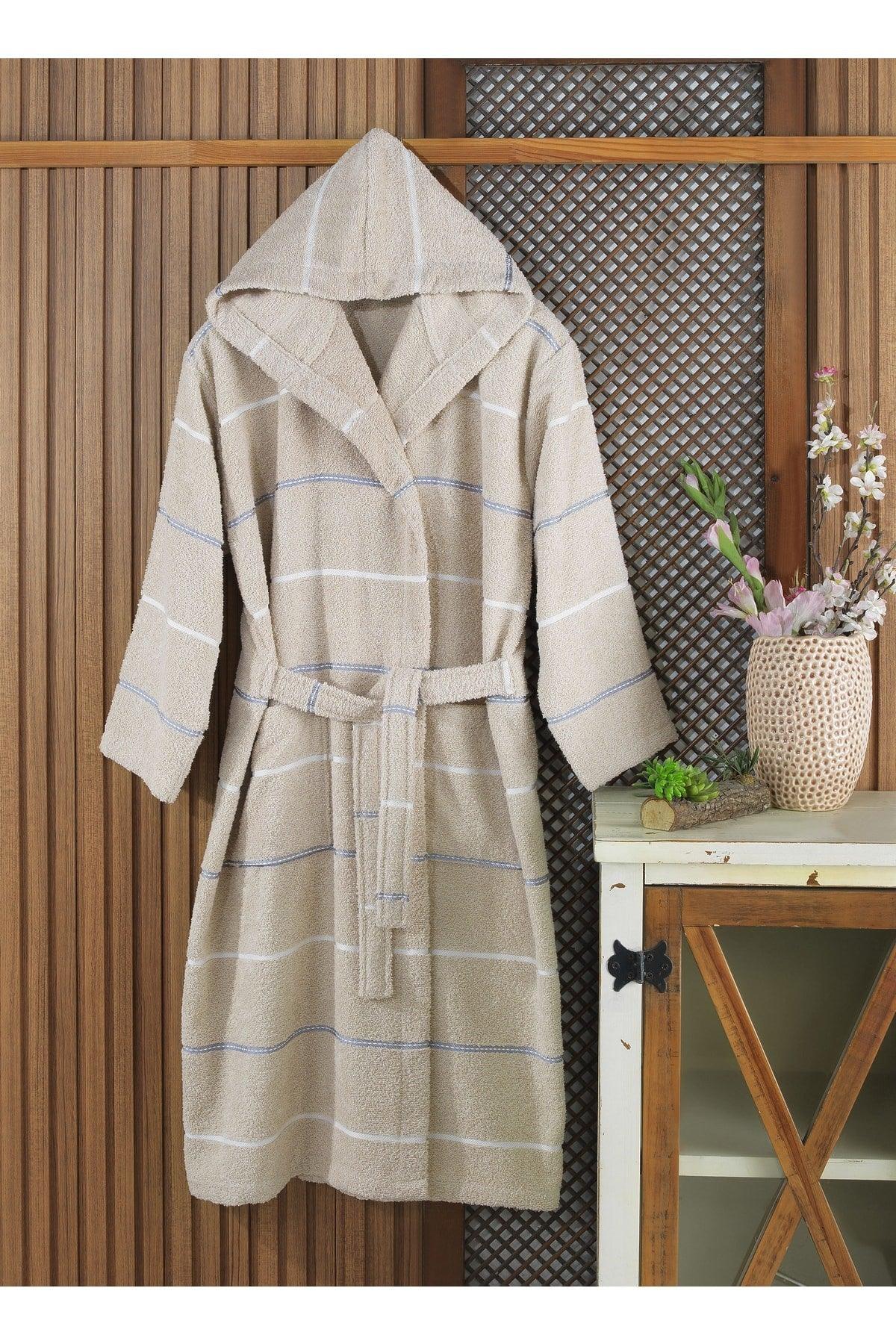 Beige Striped Hooded Bathrobe - Swordslife