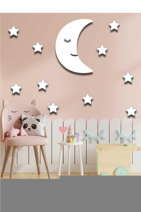 White Moondede + 10 White Stars Kids Room Wooden Wall Decoration - Swordslife