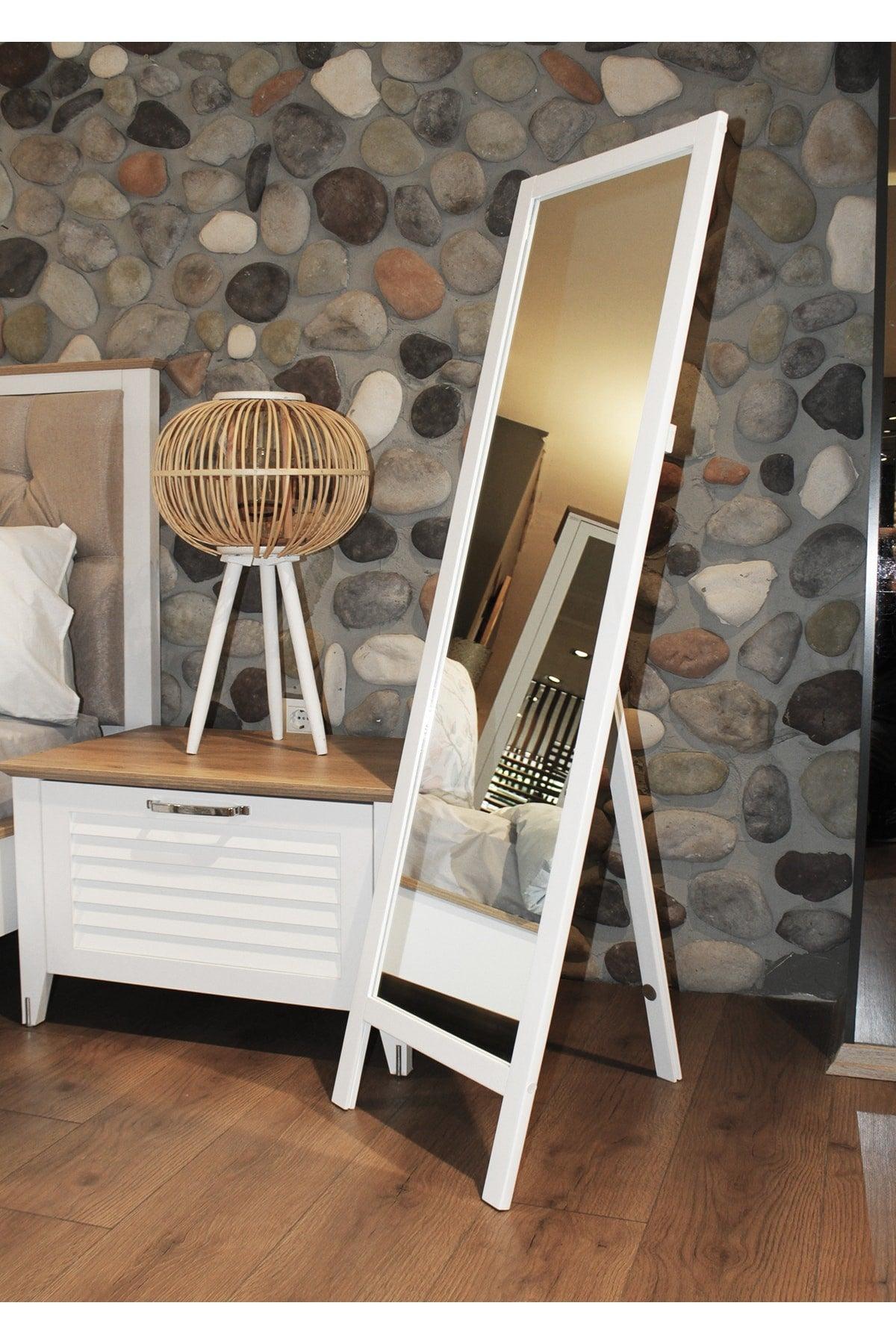 White Natural Wooden Leg Full Length Mirror 145x40cm - Swordslife