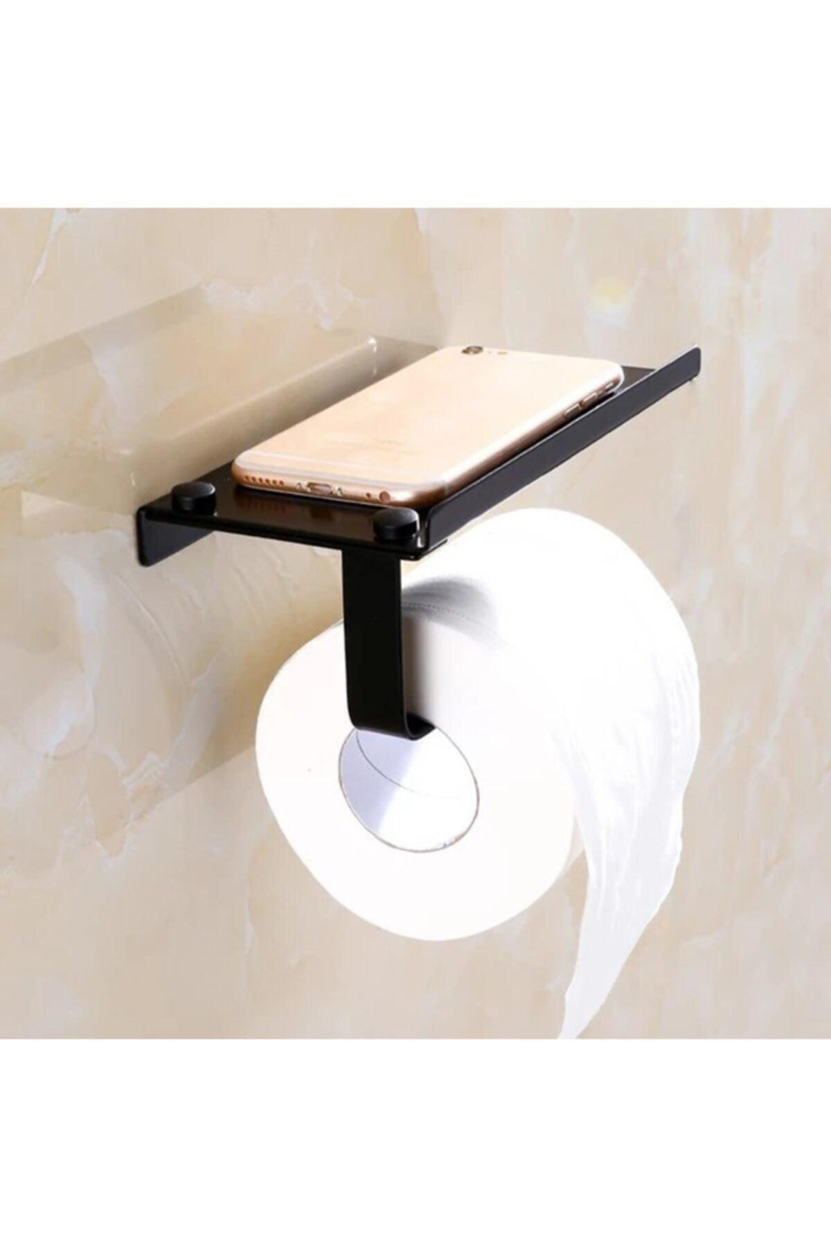 Black Toilet Roll Holder With Phone Shelf Pocket