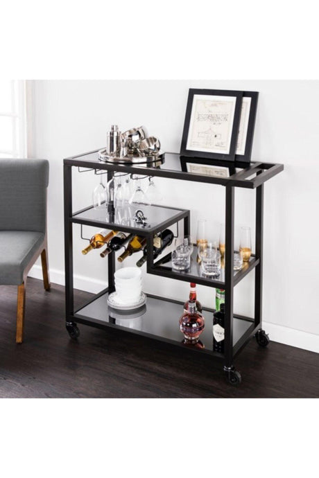 Black Serving And Presentation Trolley With Mirror Shelf