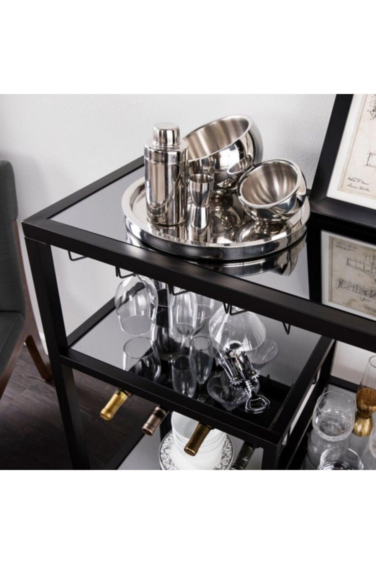 Black Serving And Presentation Trolley With Mirror Shelf