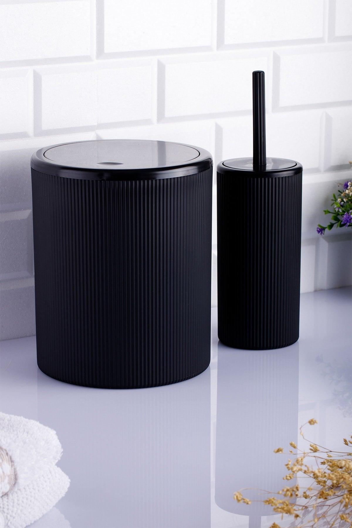 Black Striped Round 2 Pcs Bathroom Set 2 Pcs Bathroom Set Dustbin Wc Brush - Swordslife