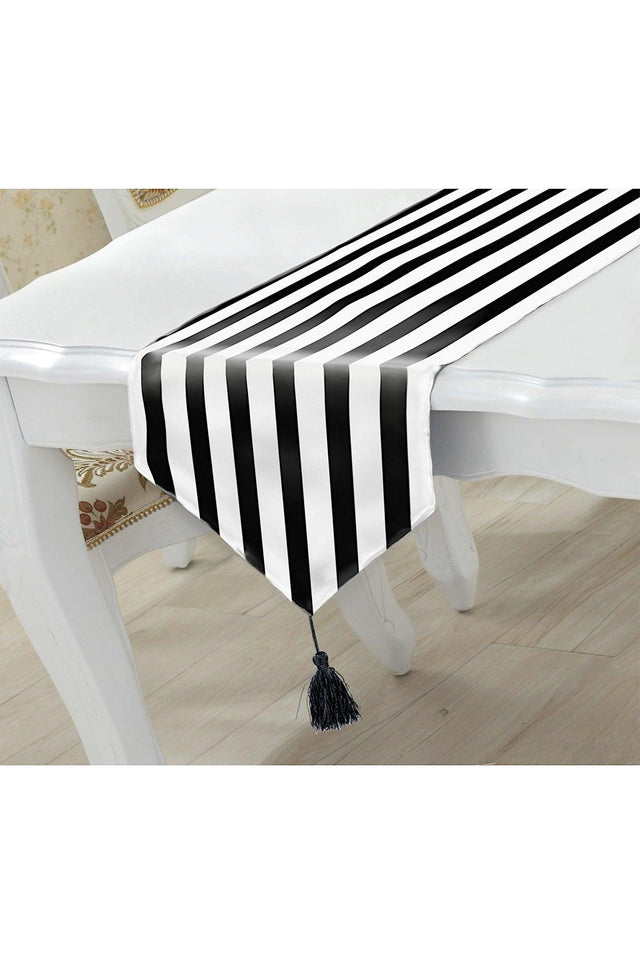 Black and White Striped Tasseled Runner 45x140 Stain Resistant - Swordslife