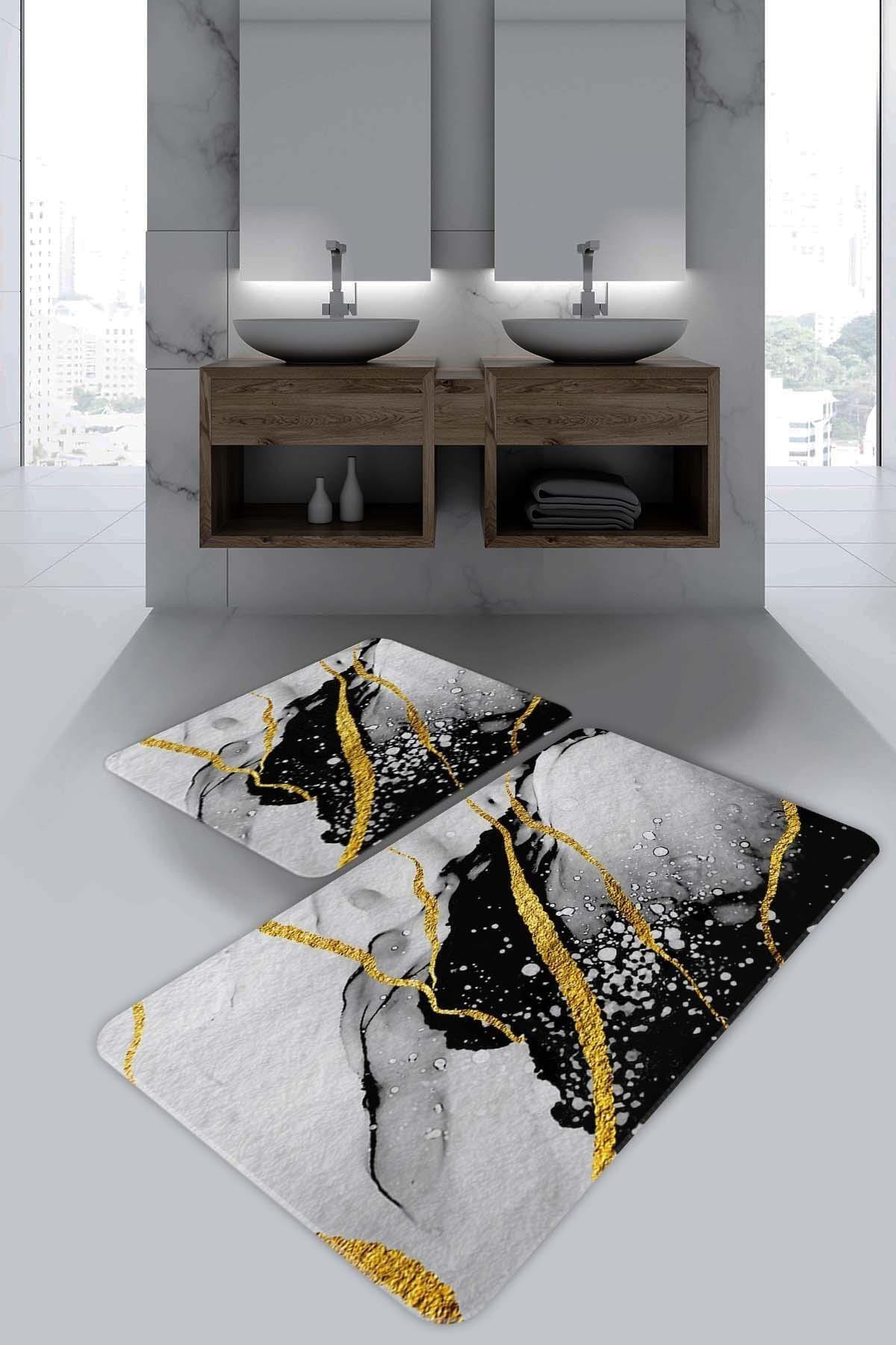 Black Yellow Intricate Pattern Bath Mat