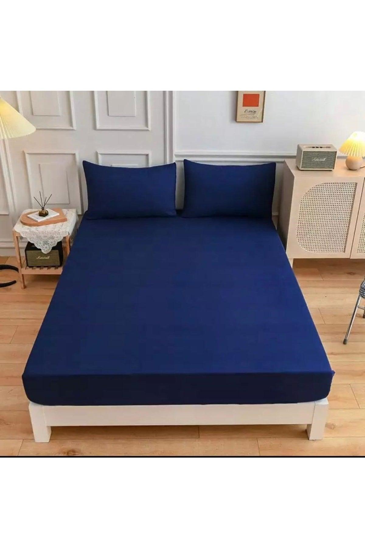 Navy Blue Colored Elastic Bed Sheet Set