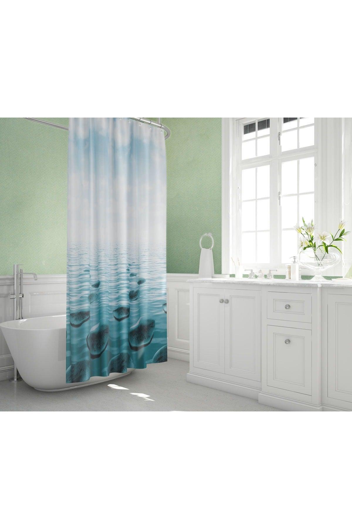 Blue Bathroom Curtain-stone Pattern Colorful Shower Curtain, Single Wing Tub Curtain-180x200cm Bathroom Shower Curtain - Swordslife