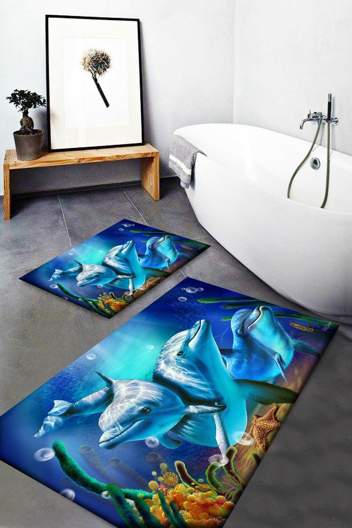 Blue Dolphins Patterned Washable Non-Slip Base 2 Bath Rug - Swordslife