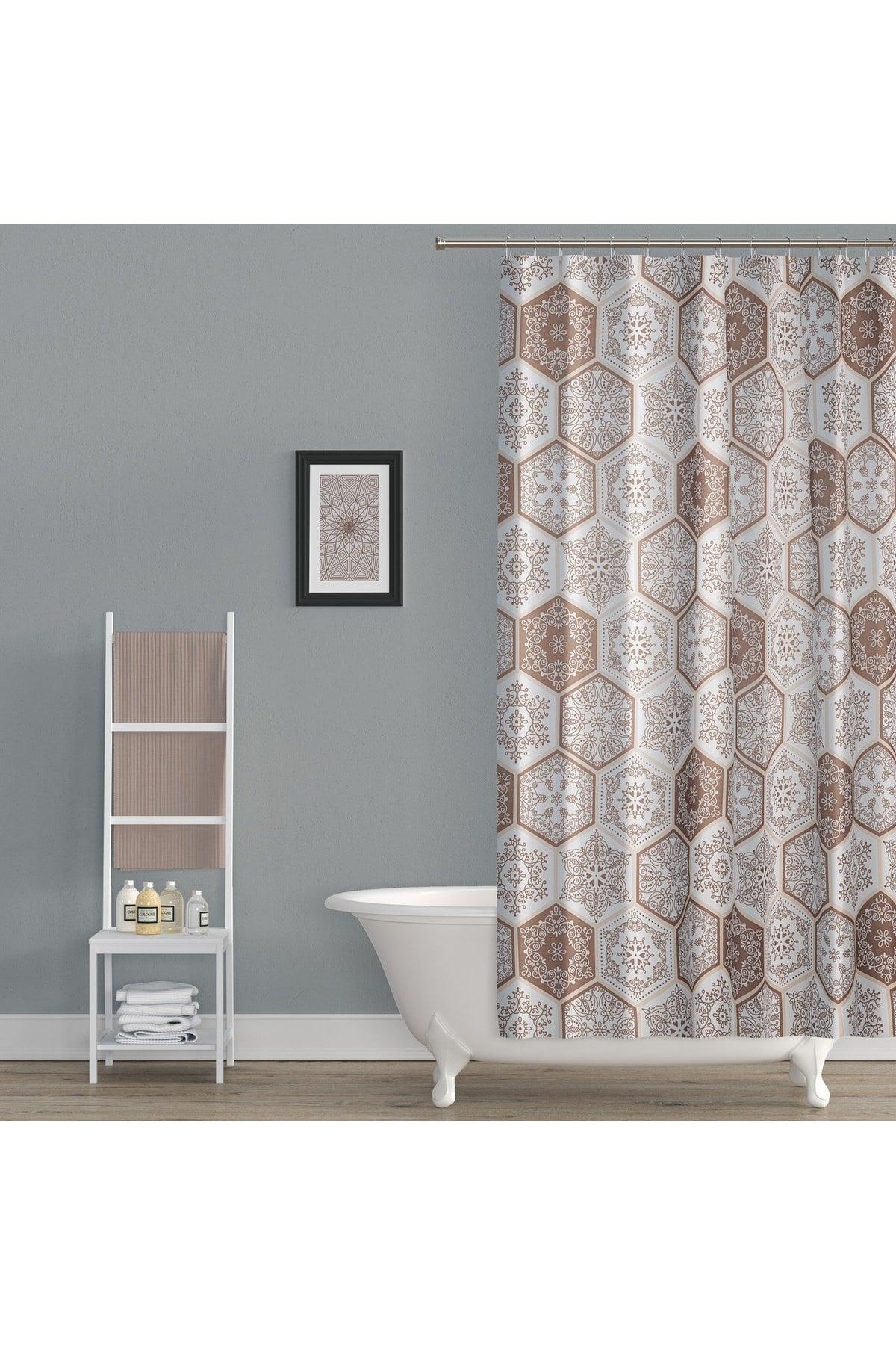 Brown Shawl Pattern Shower Curtain - 12 Pieces C Ring Gift Bathroom Curtain, Geometric Pattern Bath Curtain - Swordslife
