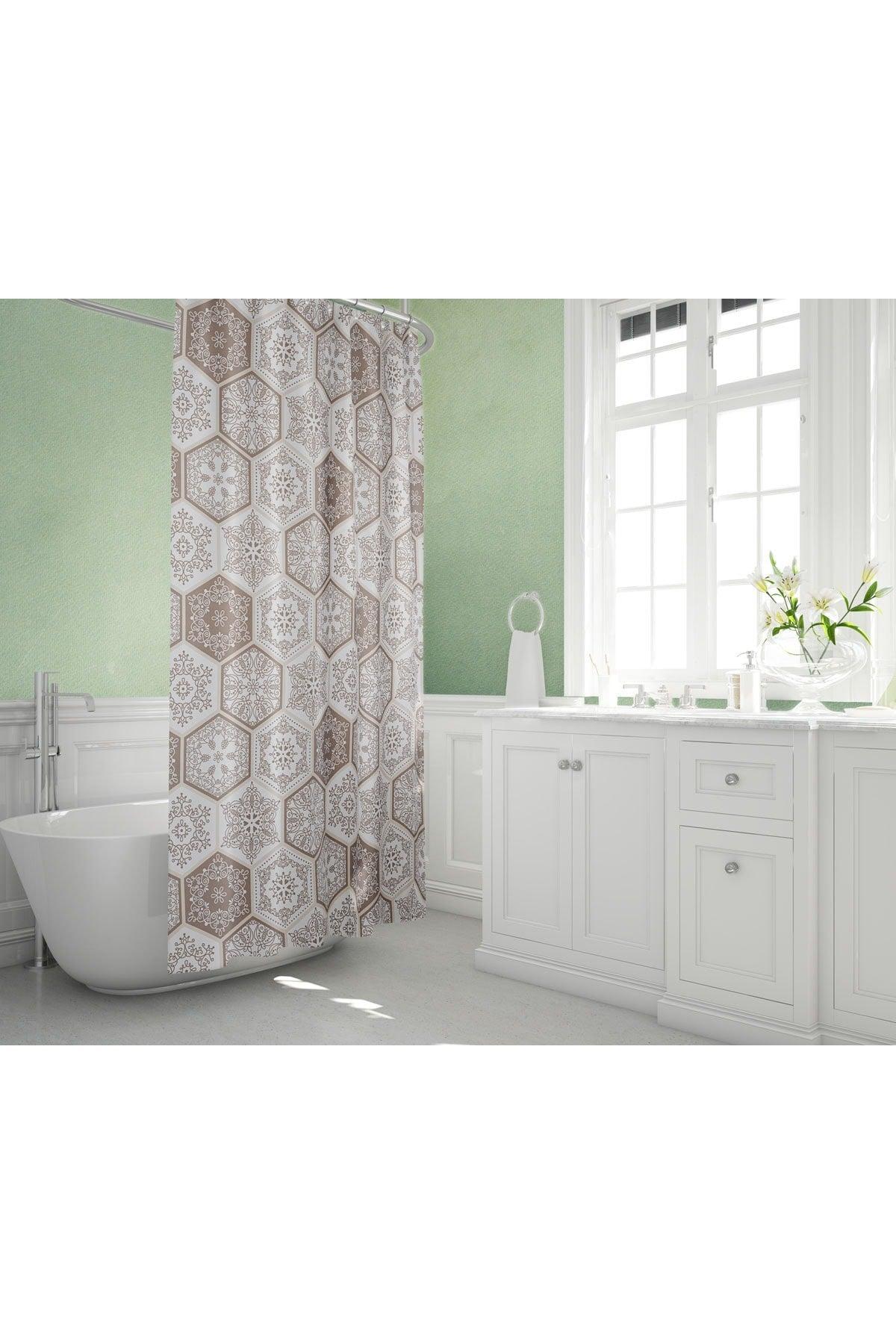 Brown Shawl Pattern Shower Curtain - 12 Pieces C Ring Gift Bathroom Curtain, Geometric Pattern Bath Curtain - Swordslife