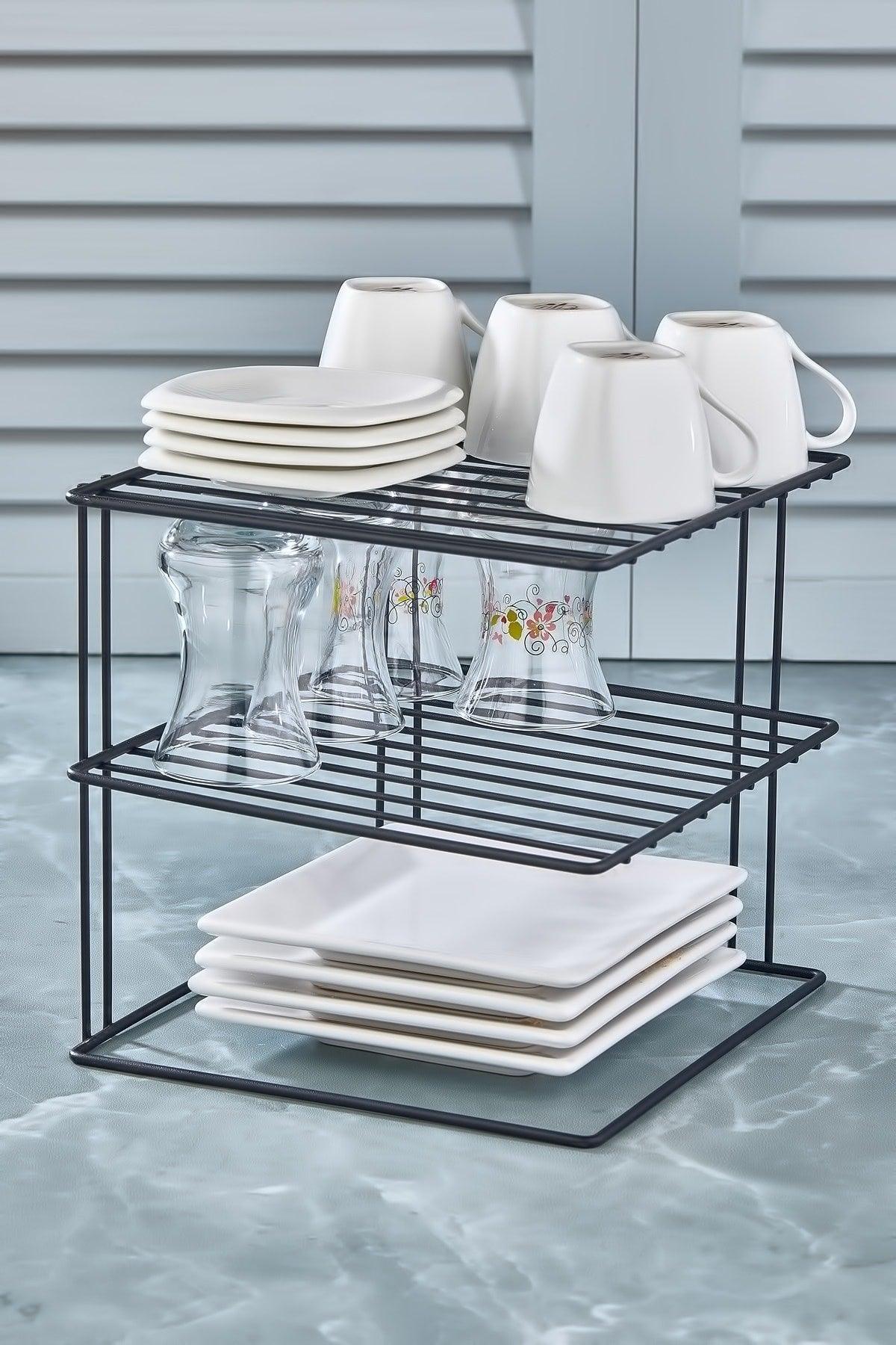 In-Cabinet Plate Organizer 3-Tier Shelf | Black Metal Kitchen Organizer - Swordslife