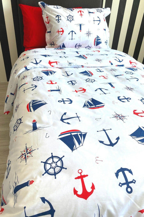 Anchor Sailor Elastic Bed Sheet Single 100% Cotton Duvet Cover Set - Swordslife