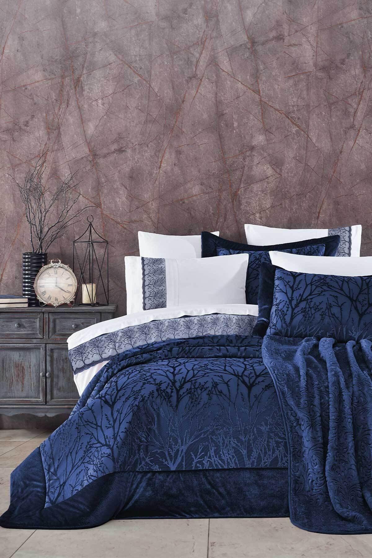 Dowry Package 10 Pieces (bedspread+duvet cover+blanket) Spring Navy - Swordslife