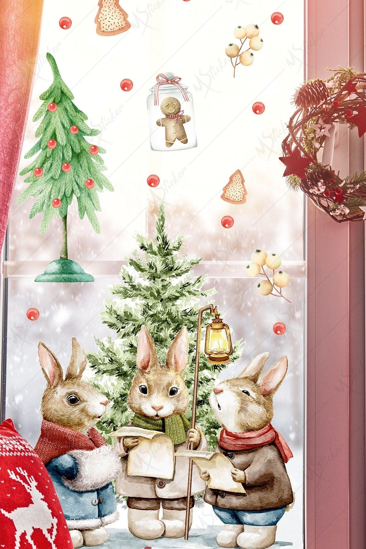 Christmas Bunnies Sticker Set, New Year Winter Concept Glass Wall Wardrobe Door Sticker - Swordslife