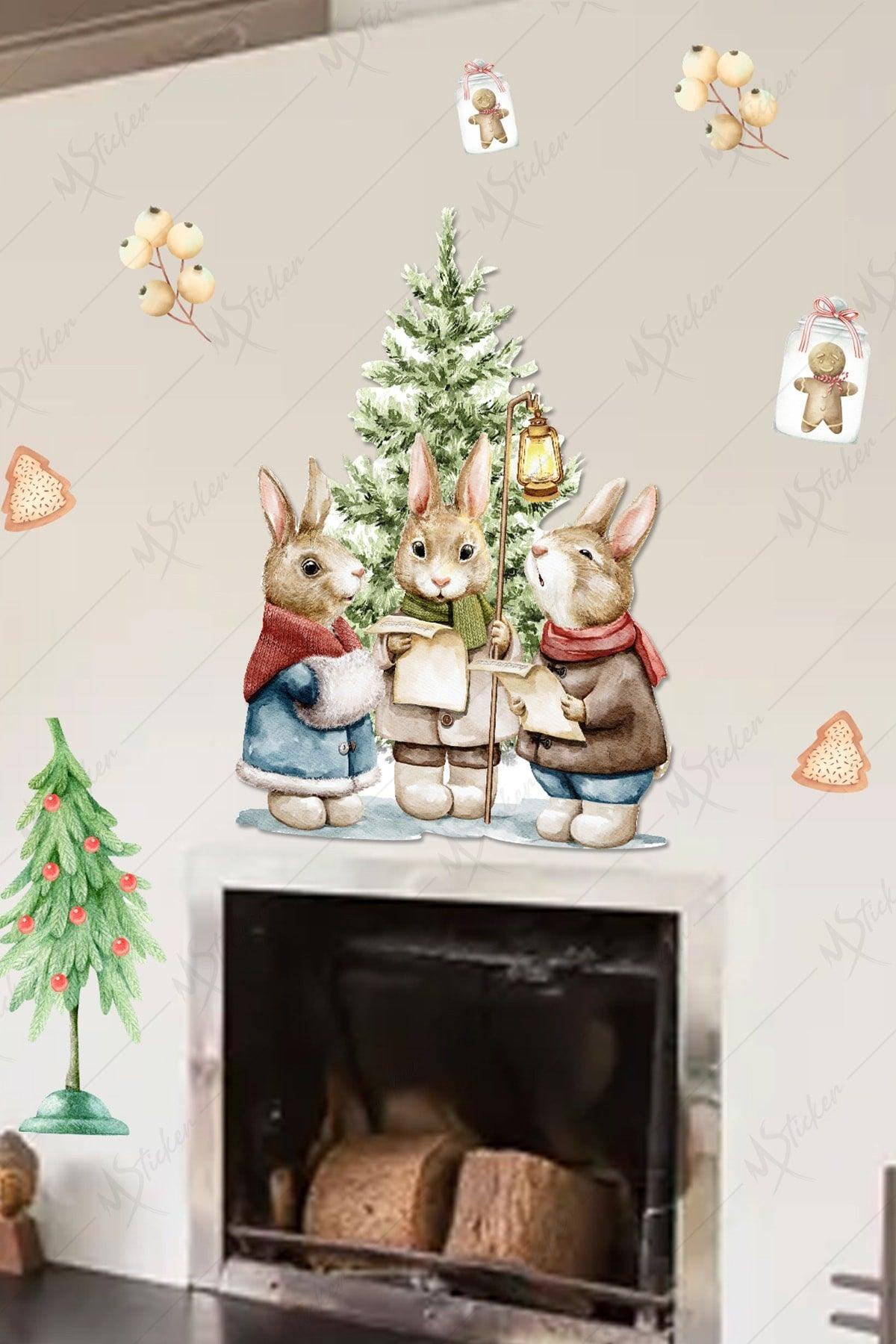 Christmas Bunnies Sticker Set, New Year Winter Concept Glass Wall Wardrobe Door Sticker - Swordslife