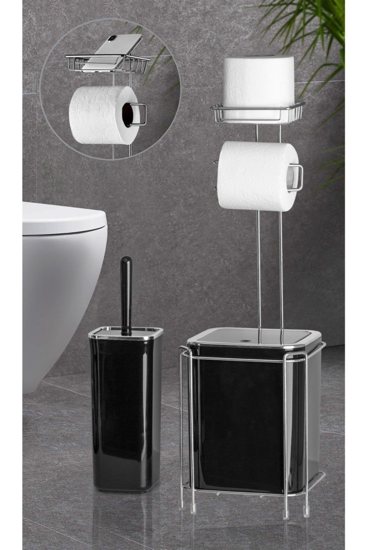 Chrome Backed Wc Paper Holder - Black Waste Bin